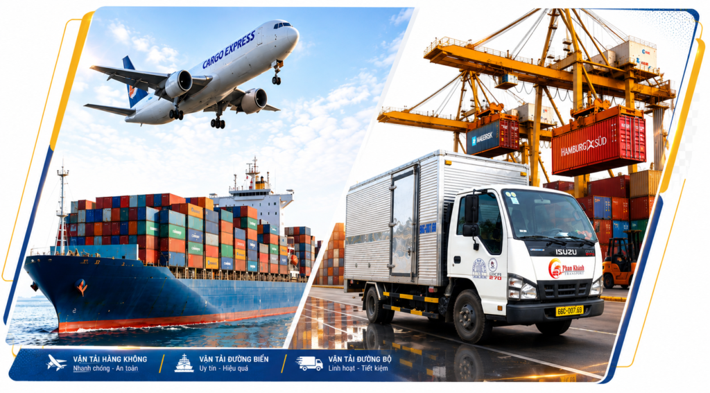 Dịch vụ vận tải hàng không, đường biển và xe tải đường bộ của Vận tải Phan Khánh.